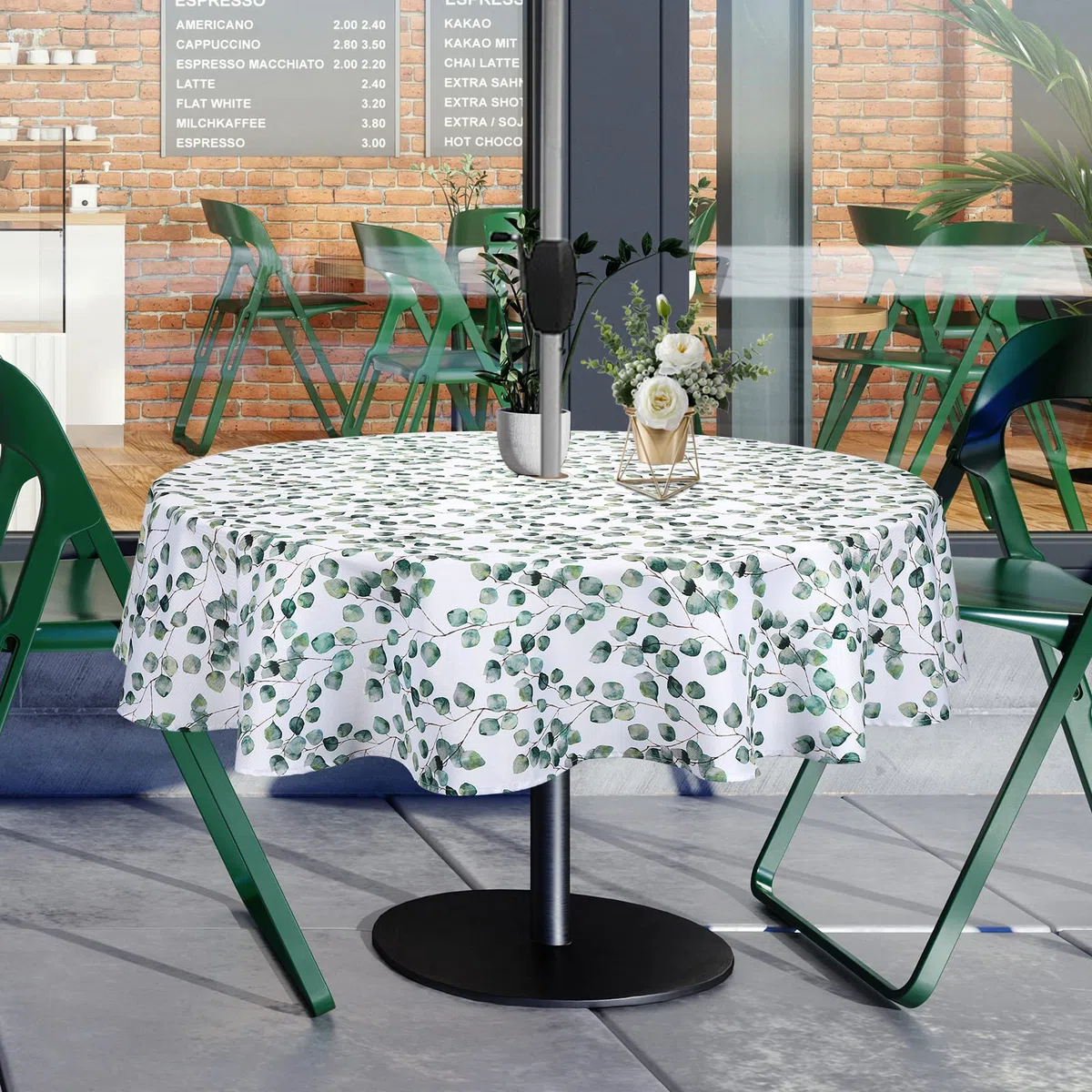 Qucover Tovaglia rotonda da esterni, 180 cm, in poliestere, motivo a foglie, lavabile, con foro per ombrellone e cerniera, per tavolo da giardino, barbecue, riunioni di famiglia, feste