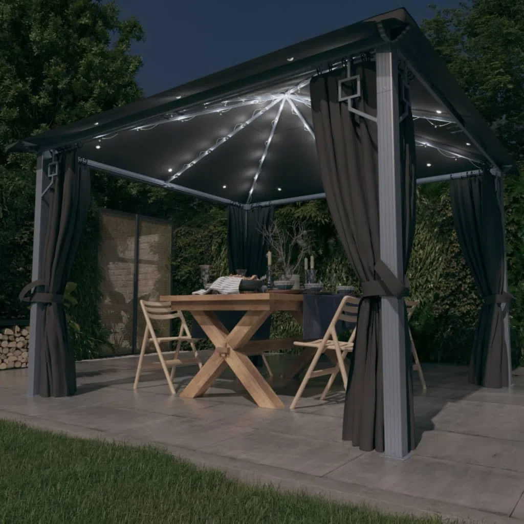 Generico Gazebo con Tende e Luci LED 300x300 cm Antracite in Alluminio,Antracite,39.69kg,3070333