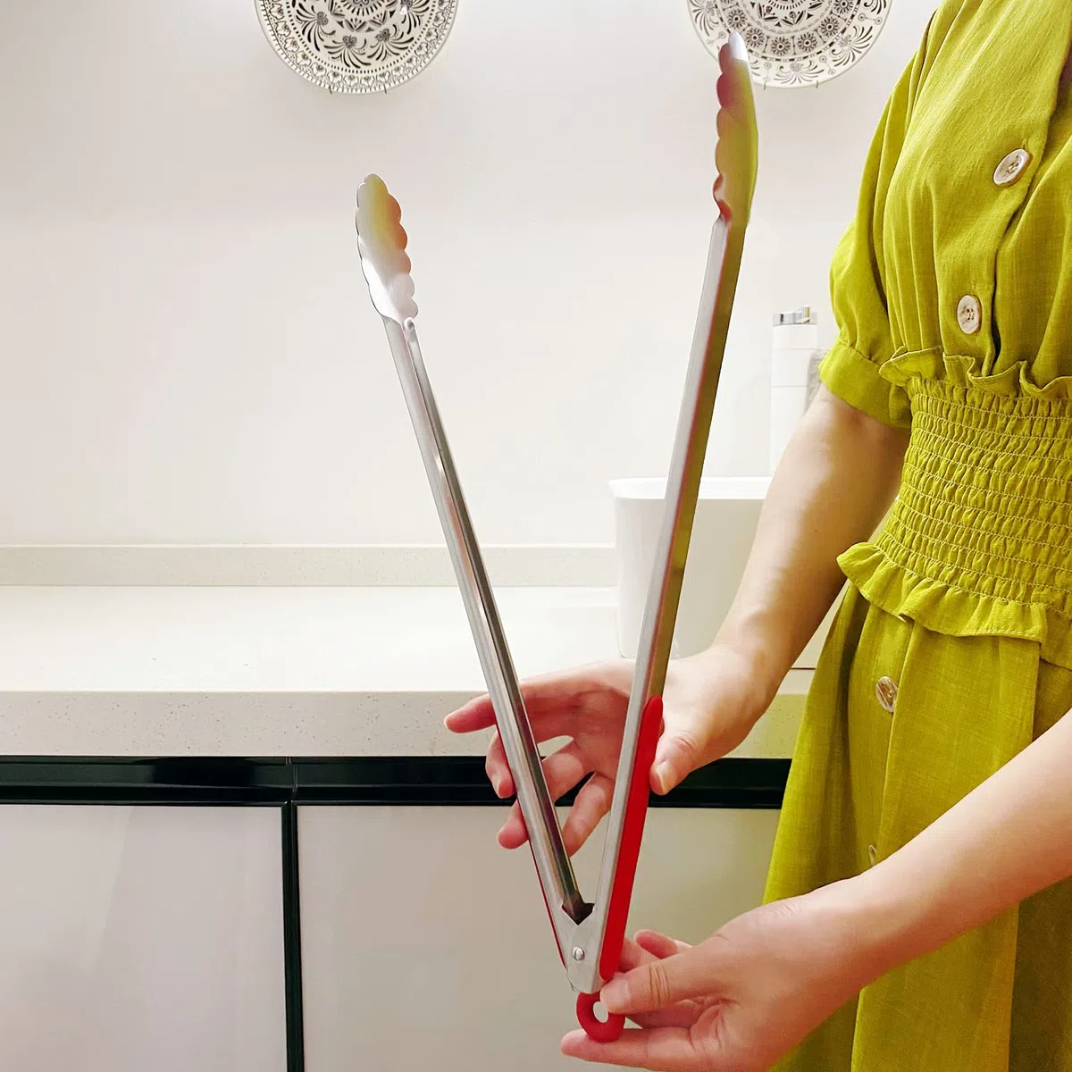 Pinze per barbecue extra lunghe da 45cm (3 pezzi, rosso), in acciaio inox con manico lungo, pinze per alimenti di grandi dimensioni, pinze per bistecche, per cucinare, grigliare, barbecue