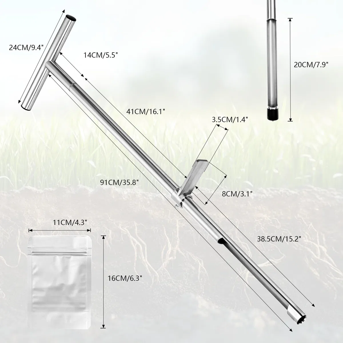 Sonda per campione di terreno, 91 cm, in acciaio inox, con impugnatura a T e pedale, campionatore a T con 2 campioni riutilizzabili, campionatore per la cura delle piante, giardino, prato, agricoltori