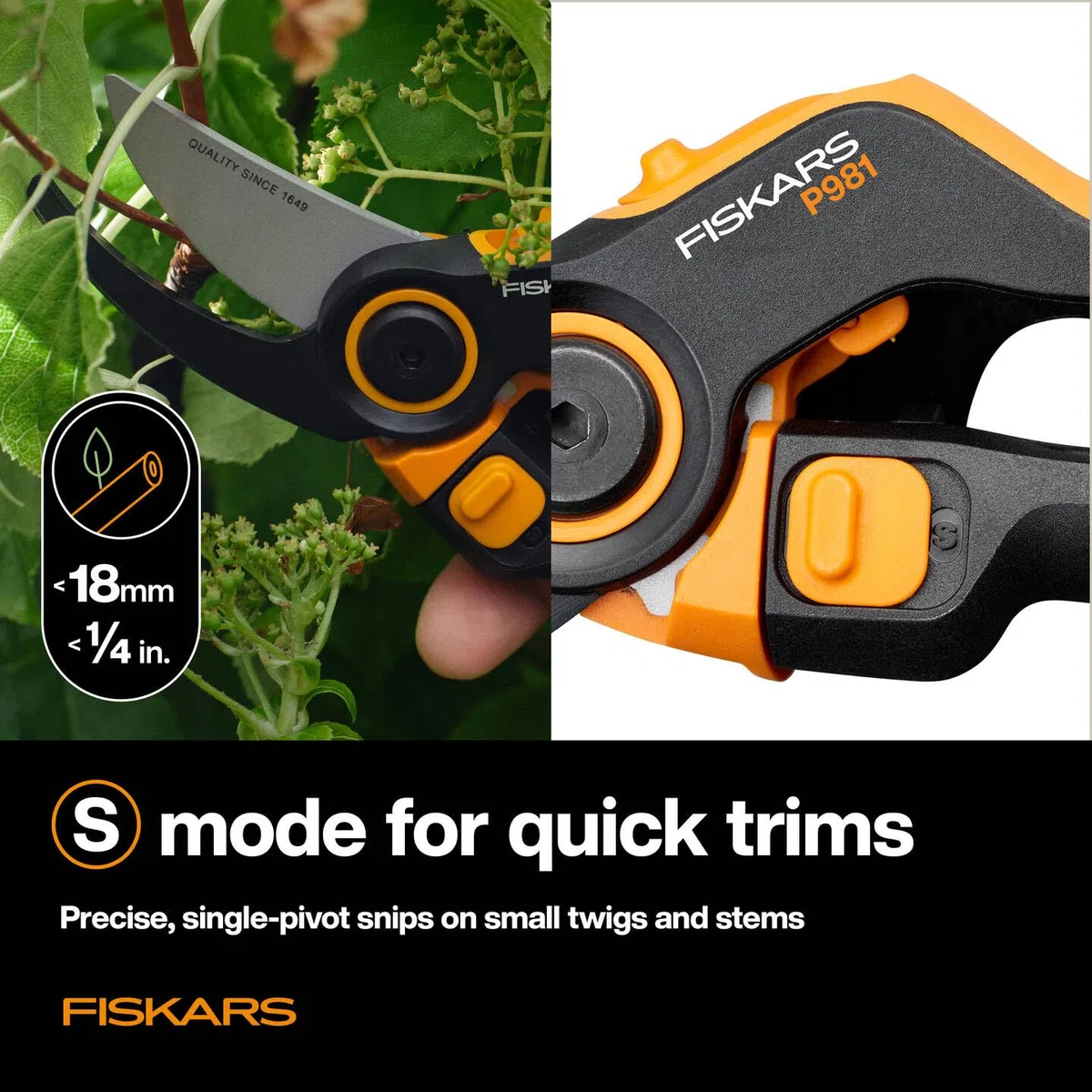Fiskars X-series DualAction Cesoie da Giardino Bypass P981, Per Rami Sottili e Spessi, Impugnatura Ergonomica, Lame in Acciaio con Rivestimento Antiaderente, FiberComp, Nero/Arancione, 1080132