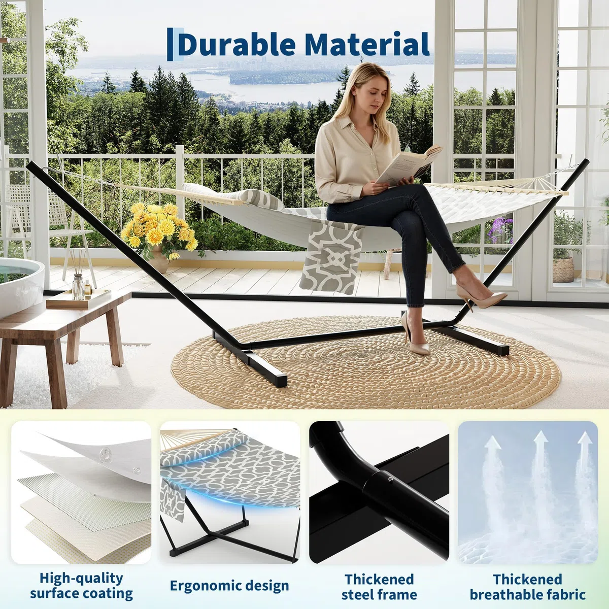 Amaca su piede 12FT, Amaca doppia esterna 2 persone, tela Hammock con cuscino, supporto amaca in metallo a T, per giardino terrazza campeggio