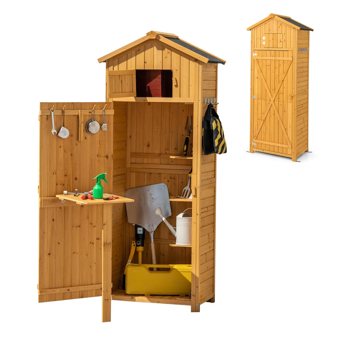 KOMFOTTEU Casetta da Giardino in legno, Capanno per Attrezzi Multifunzione, Armadietto da Giardino con Tetto a 2 Falde, Scaffale, Tavolo Pieghevole, 65 x 42 x 180,5 cm, Colore Naturale