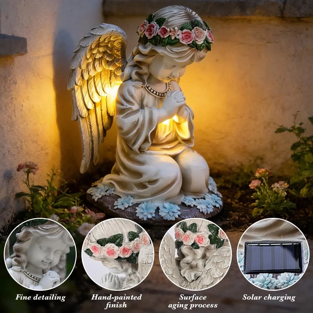 Statue da Giardino a Forma di Angelo Custode, Solare Statue Angeli Figure da Giardino con Angeli Solari con Luci a LED Resistente alle Intemperie Decorazione da Giardino a Forma di Angelo per Esterno