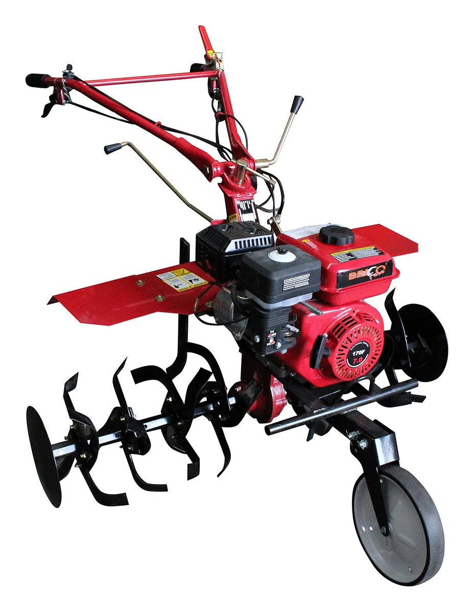 Bricoferr Motozappa con Trasmissione Ingranaggi, Motore 7hp, Ruote 5.00X10, Lame e asuratore Anche