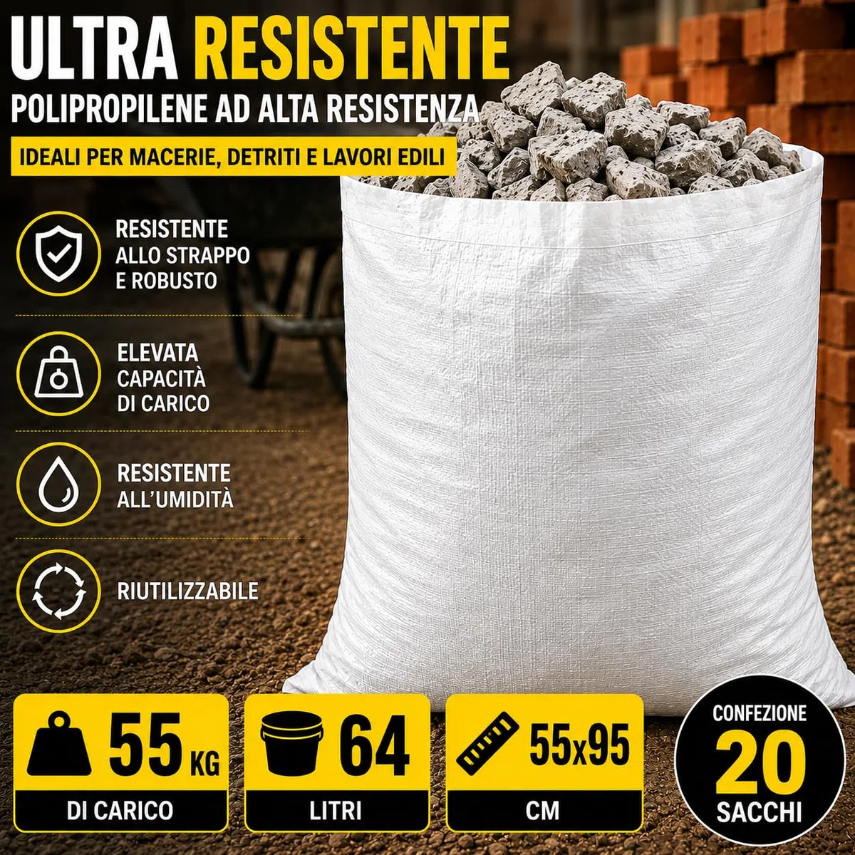 20 sacchetti da cantiere, 95 x 55 cm, in polipropilene intrecciato, ultra resistenti, con 20 fascette e 1 paio di guanti da manipolazione