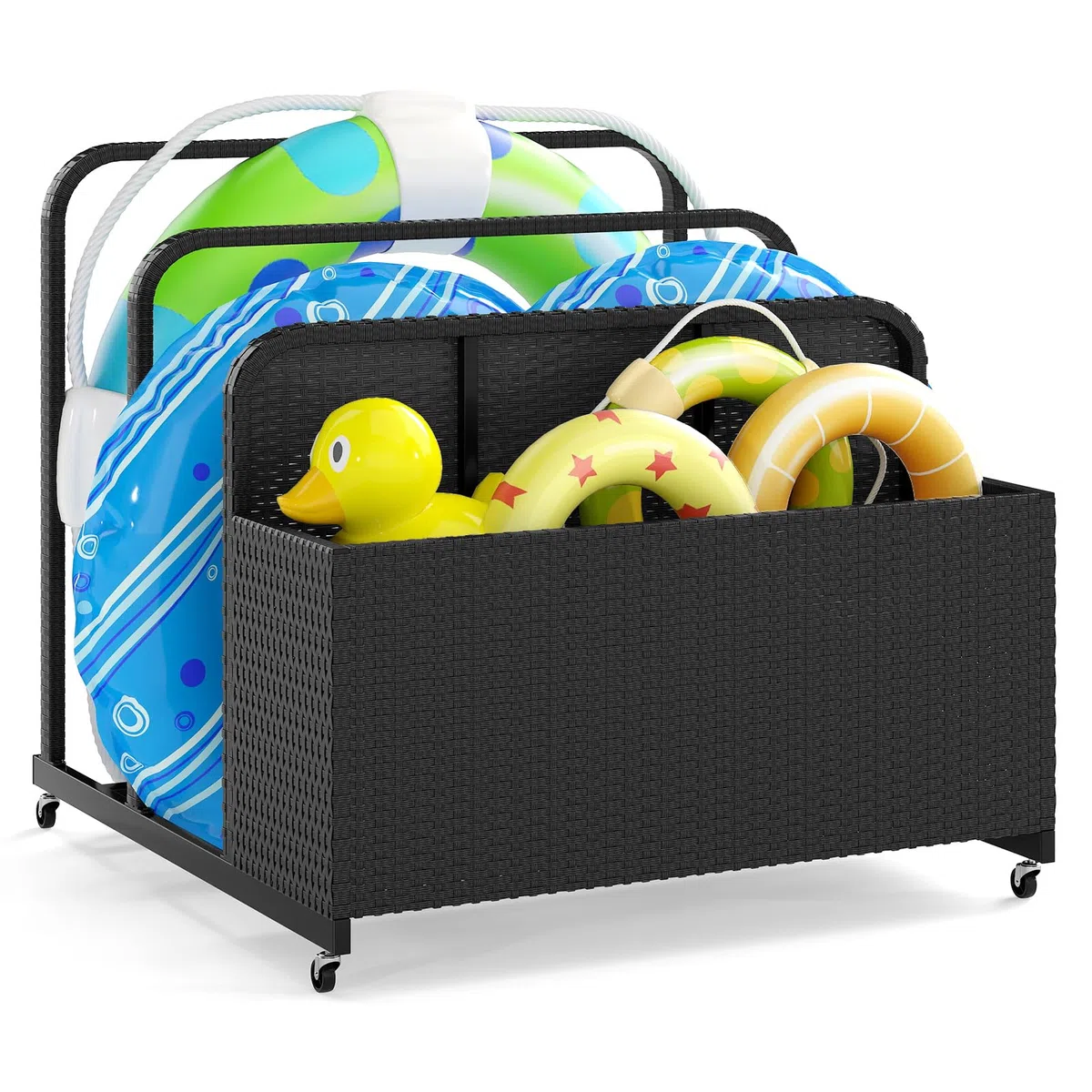 COSTWAY Carrello Archiviazione per Piscina in Rattan PE, Contenitore Esterno Impermeabile con 2 Portasciugamani e 4 Ruote, Portacoperte Giardino per Boe, Salvagenti, Cuscini e Asciugamani (Nero)