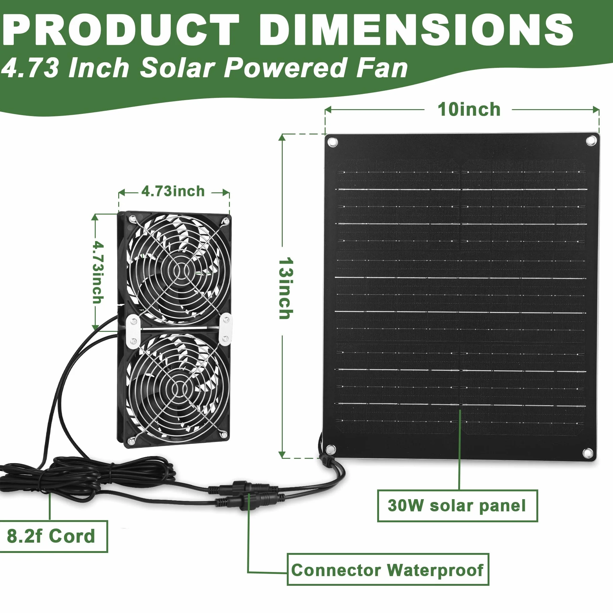 Ventilatore a energia solare, 30 W, kit di ventola a pannello solare, IPX7, impermeabile, montaggio di aspirazione di scarico per serre esterne, capannoni, pollai