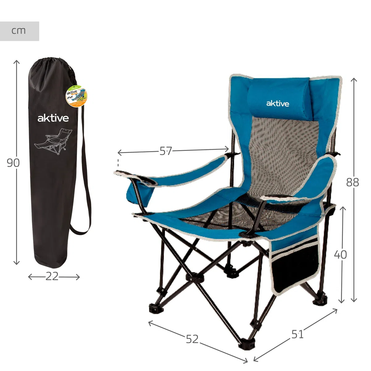 Aktive 63001 - Sdraio da campeggio pieghevole | Poltrona con cuscino e sottobicchiere | Capacità 1 persona | Supporta 110 kg | Lettino da giardino antiribaltamento per esterni