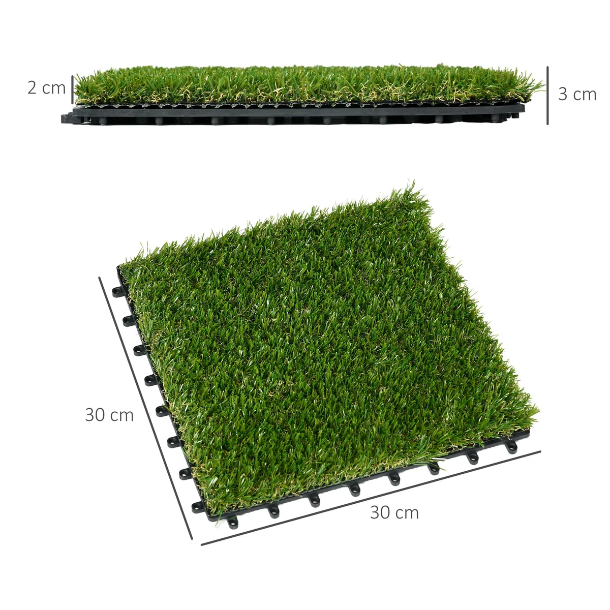 Outsunny Tappeto erboso sintetico artificiale Set di 10 piastrelle 30 x 30 cm spessore comfort 3 cm ad incastro verde
