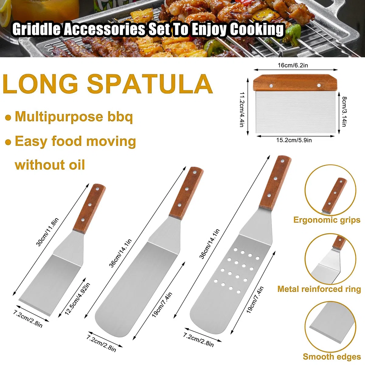 Set di 6 Spatola in Acciaio Inossidabile, Cucina Palette per Barbecue, Manici in Legno Isolanti Antiscivolo Spatole per Utensili per Grigliate in Ghisa Piatti