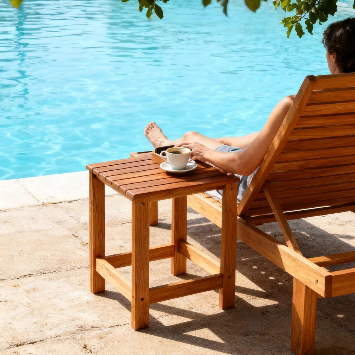 Utoplike Tavolino da esterno in teak, tavolino da caffè in legno, tavolini per giardino, cortile, camera da letto, soggiorno, divano laterale, contenitore per bagno