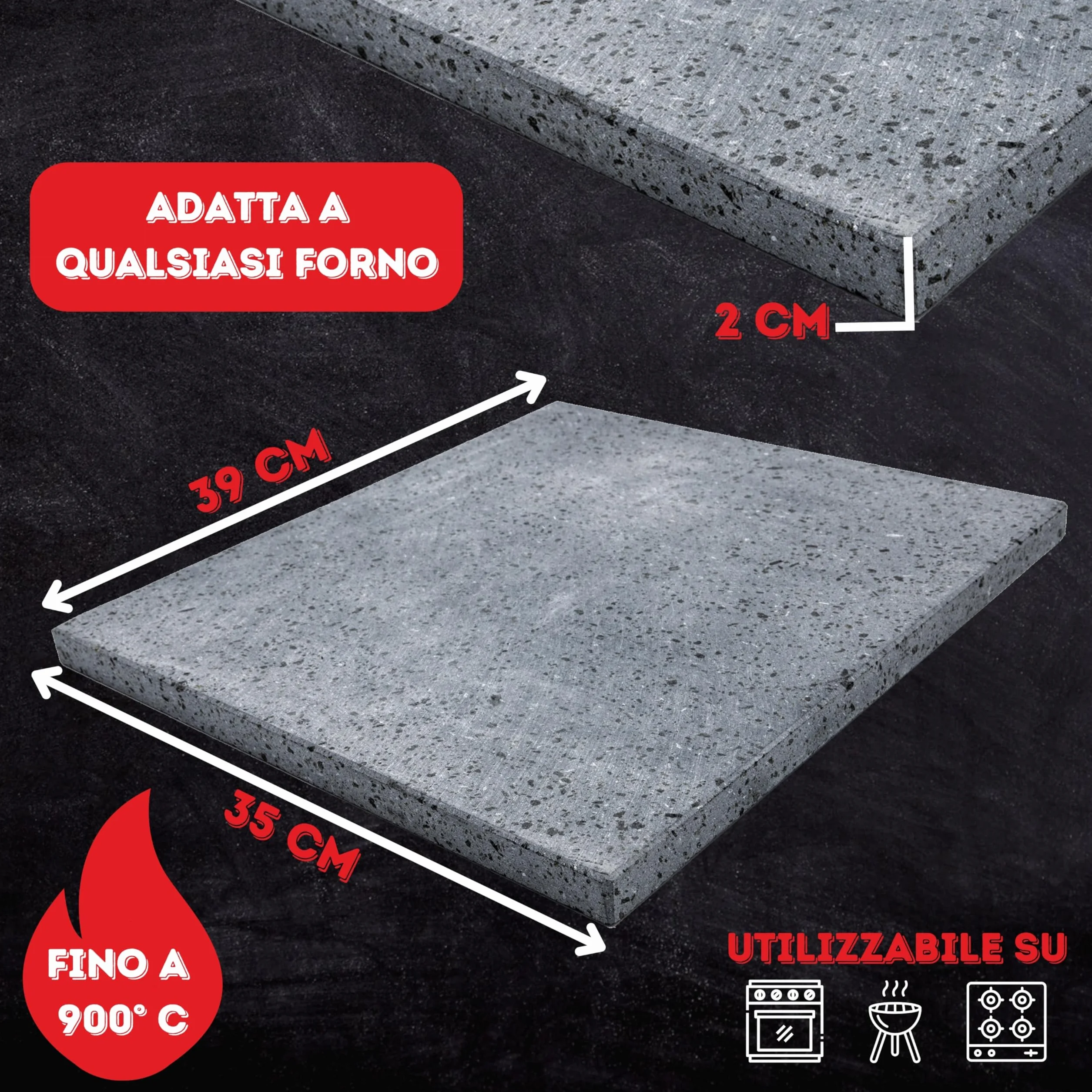 CUORE LAVICO - PIETRA REFRATTARIA PER PER PIZZA DA FORNO IN PIETRA LAVICA ETNEA PER PANE E PIZZA 39X35X2 CM - COTTURA NATURALE MIGLIORE PIETRA OLLARE PER FORNO CUCINA E BARBECUE