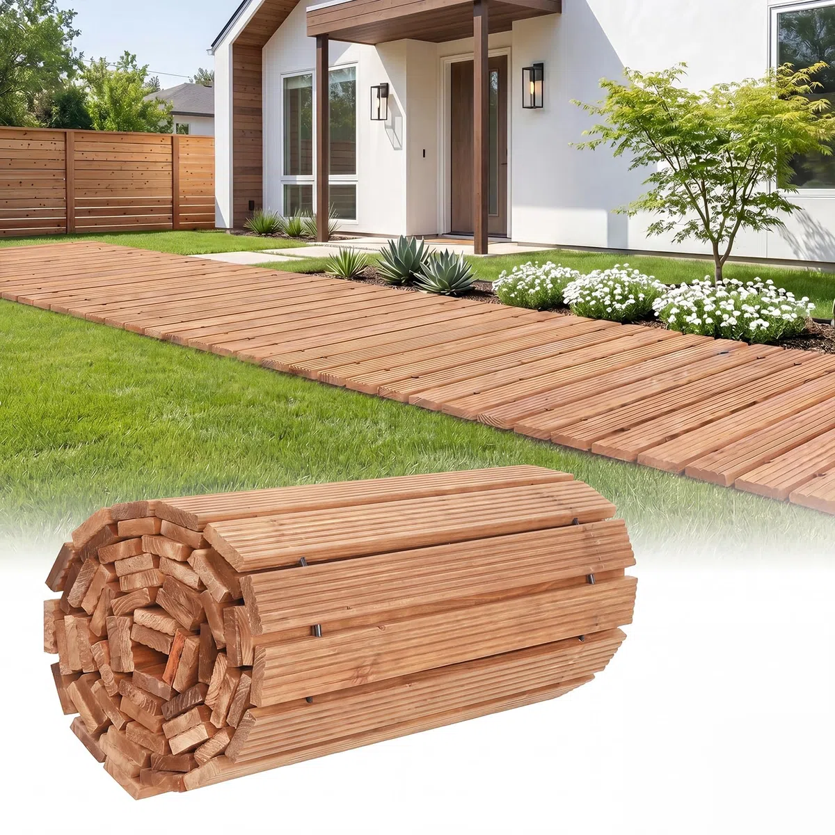 GYMAX Passerella da Giardino, Sentiero Arrotolabile in Legno di Abete da Esterno, Collegamento con Filo di Acciaio, Resistente Percorso Antiscivolo per Cortile e Terrazzo 367 x 55 x 1,5 cm (Naturale)