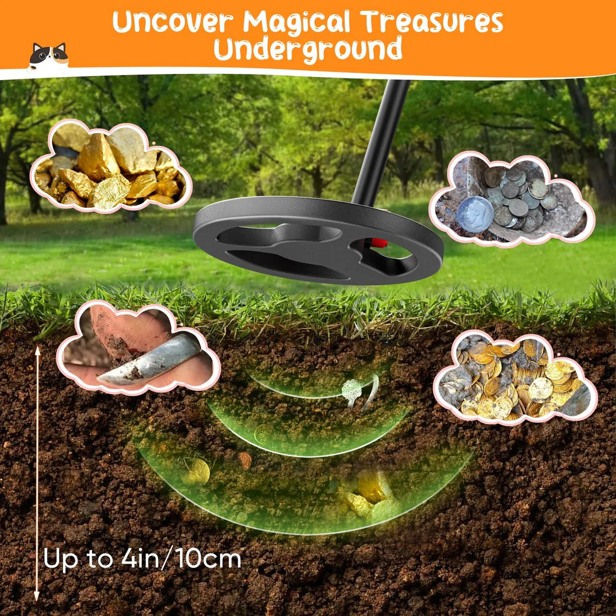 Metal Detector per Bambini, Metaldetector con Display LCD, Metal Detector Leggero ad Alta Precisione con Bobina di Ricerca Impermeabile Pala Rastrello e Setaccio e Borsa per l'oro