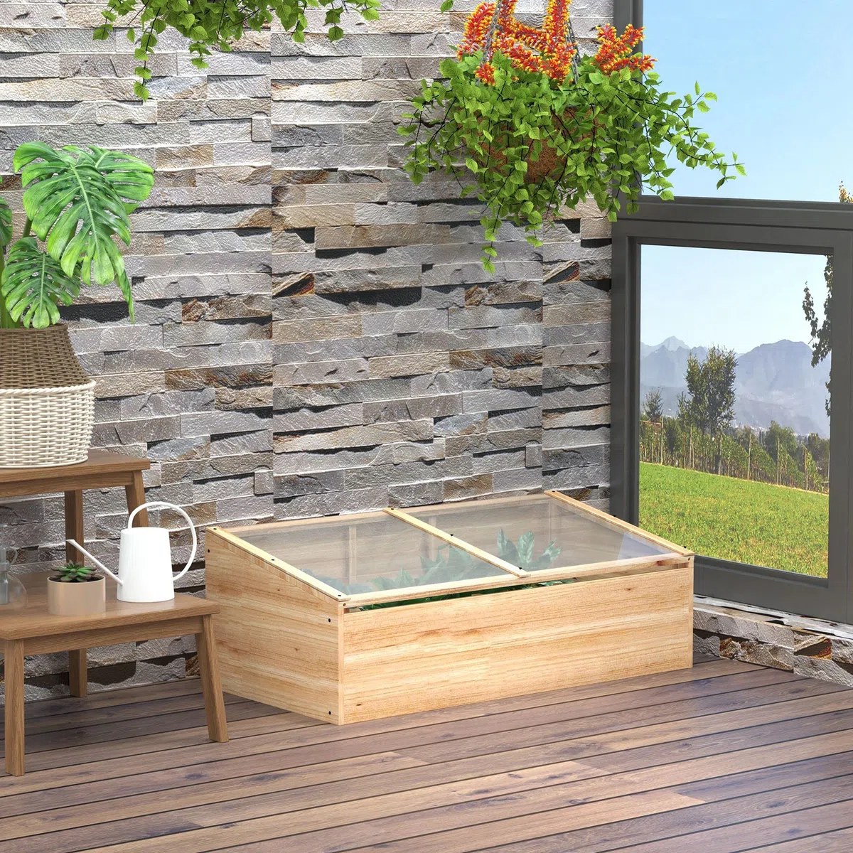 Outsunny Serra in legno a telaio freddo Serra da giardino e fioriera per balcone, 100 x 50 x 35 cm, naturale, abete, pannello in PC