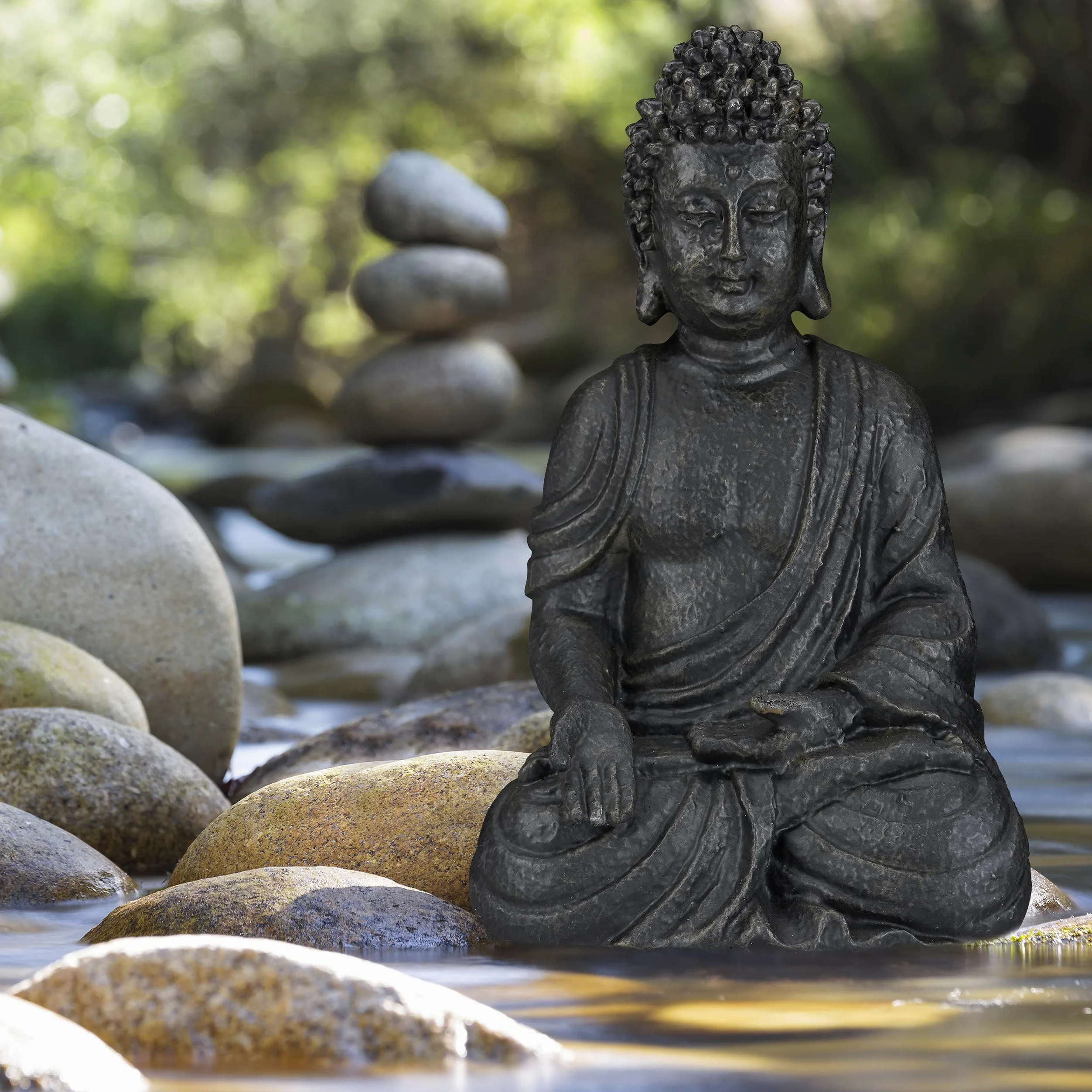 Relaxdays Statua Zen del Buddha Seduto XL, 40 cm, Feng Shui, per Esterni, da Giardino, Decorativa, Grigio Chiaro