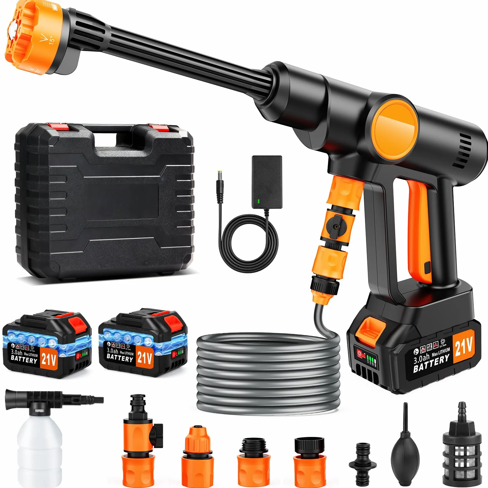 Idropulitrice a Batteria Senza Fili, Idropulitrice Portatile Potente con 2x3.0Ah Batterie, Motore Brushless, 1100PSI, Tubo da 5M, Ugello 6 in 1, Pistola Idropulitrice per Auto Giardino Irrigazione