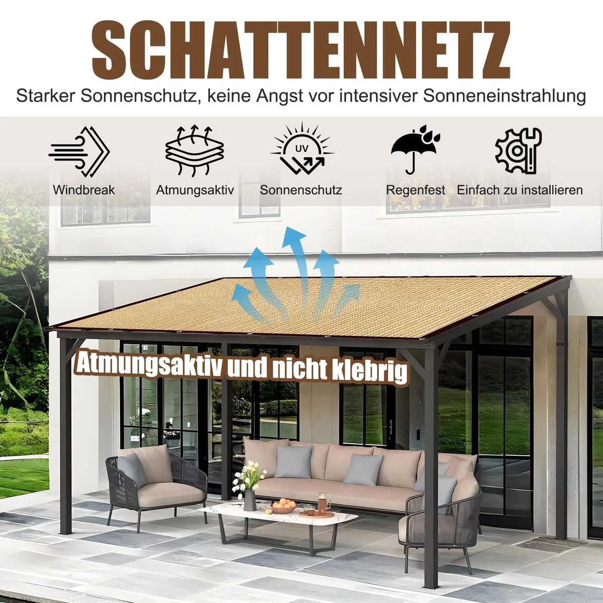 Tenda da sole con occhielli, 85%, rete ombreggiante da giardino, rete rettangolare, protezione solare per esterni, in HDPE resistente agli strappi, permeabile all'acqua (beige, 2 x 3 m)