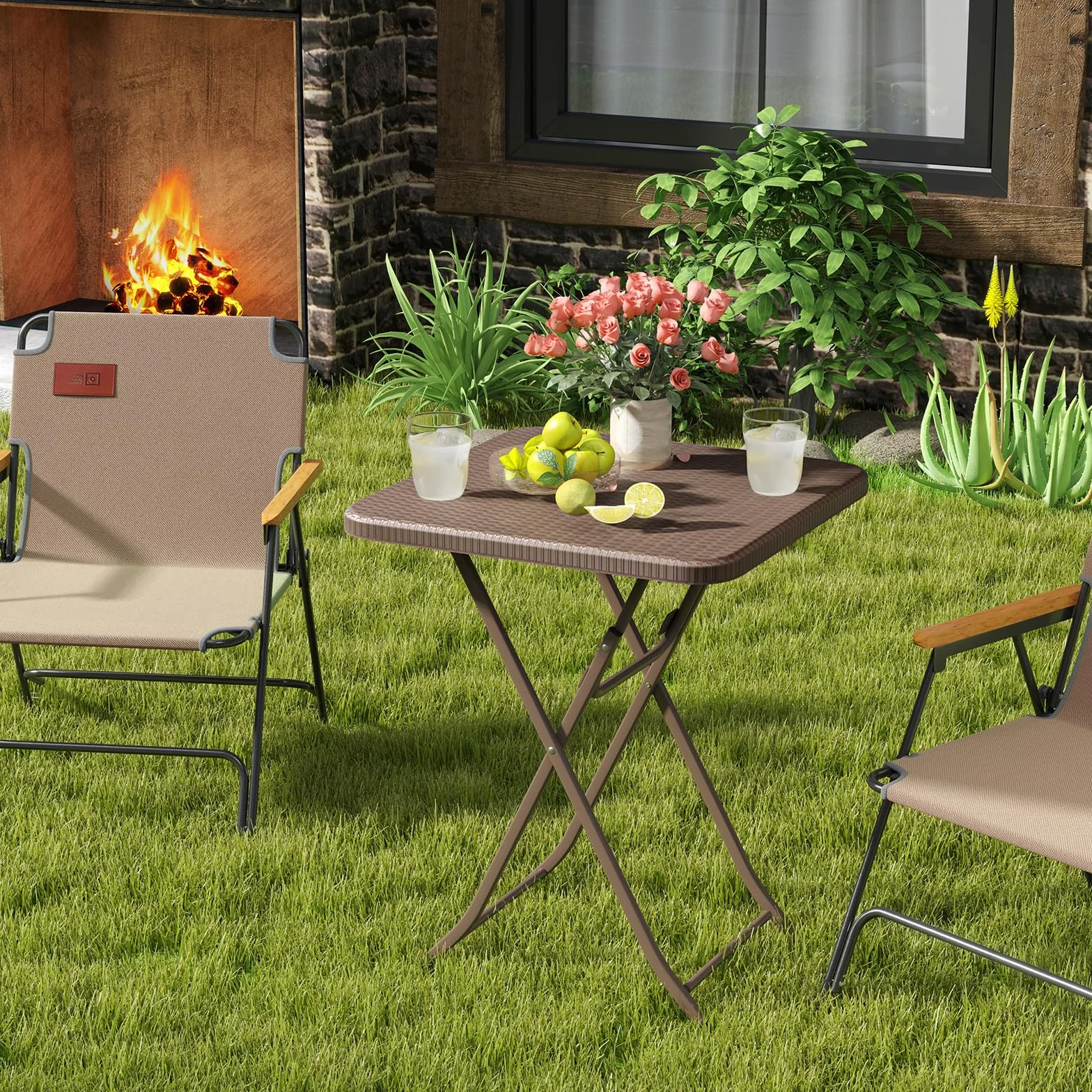 LIFEZEAL Tavolo pieghevole in rattan, tavolino quadrato da 60 cm per esterno con telaio metallico, tavolo portatile da picnic per campeggio