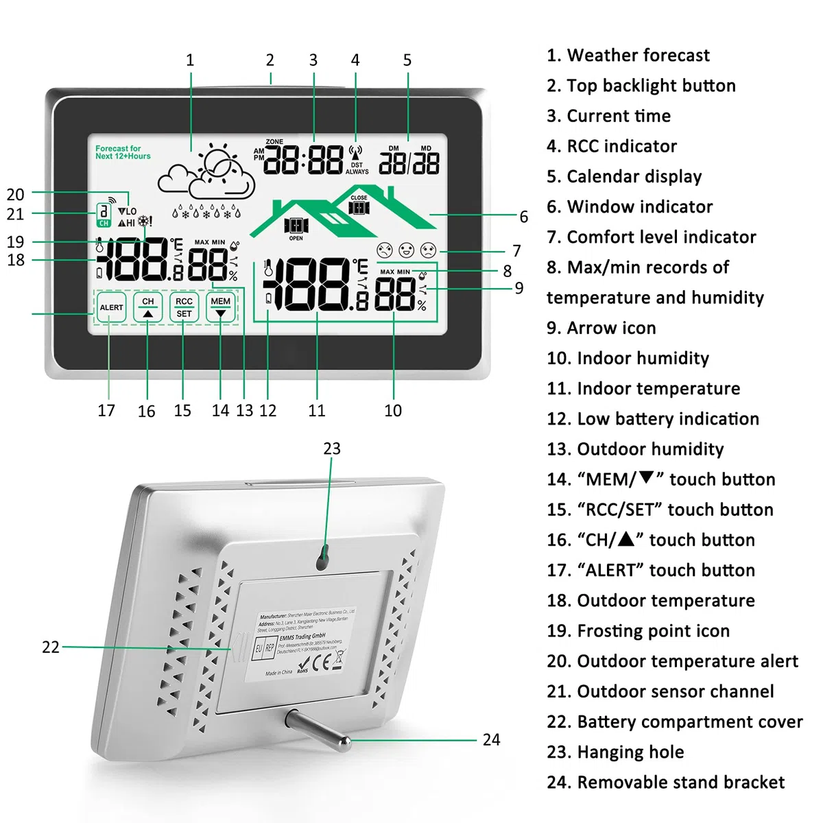 Stazione Meteo con Sensore Esterno, Termometro Digitale Igrometro per Interni ed Esterni, Schermo LCD con Retroilluminazione 12/24 ore Previsioni Meteo Automatiche per Ufficio Casa Camera da Letto