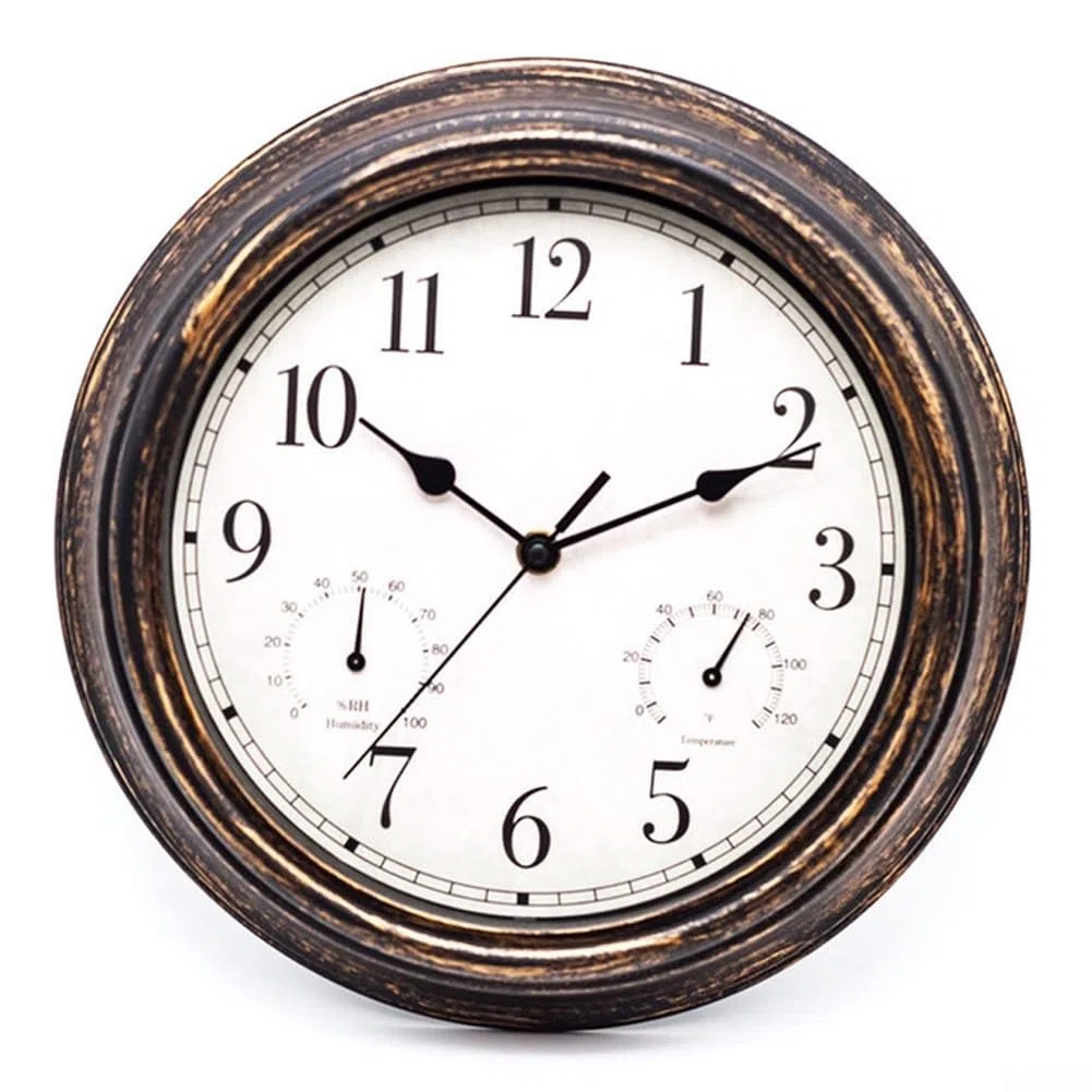 Orologio da parete da giardino da 30,5 cm, con termometro e igrometro, impermeabile, silenzioso, senza ticchettio, orologio decorativo per patio, portico, garage (rame rosso)