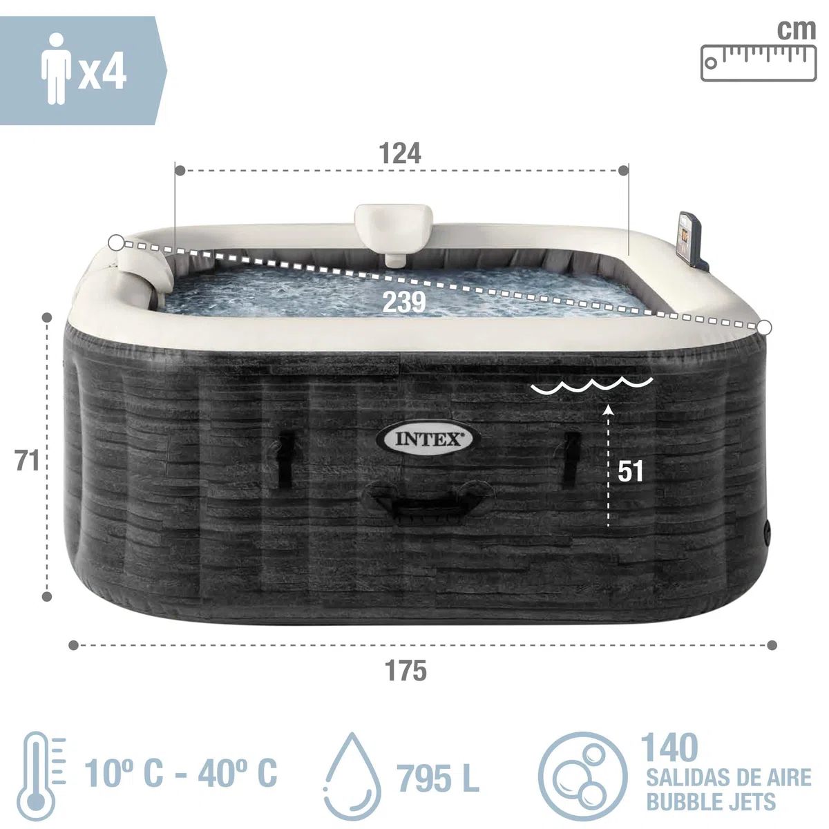 Intex 28450NP - Idromassaggio Gonfiabile Quadrato PureSpa Greystone Deluxe, 4 Posti, 140 Getti, PVC, Grigio, 175x175x71 cm