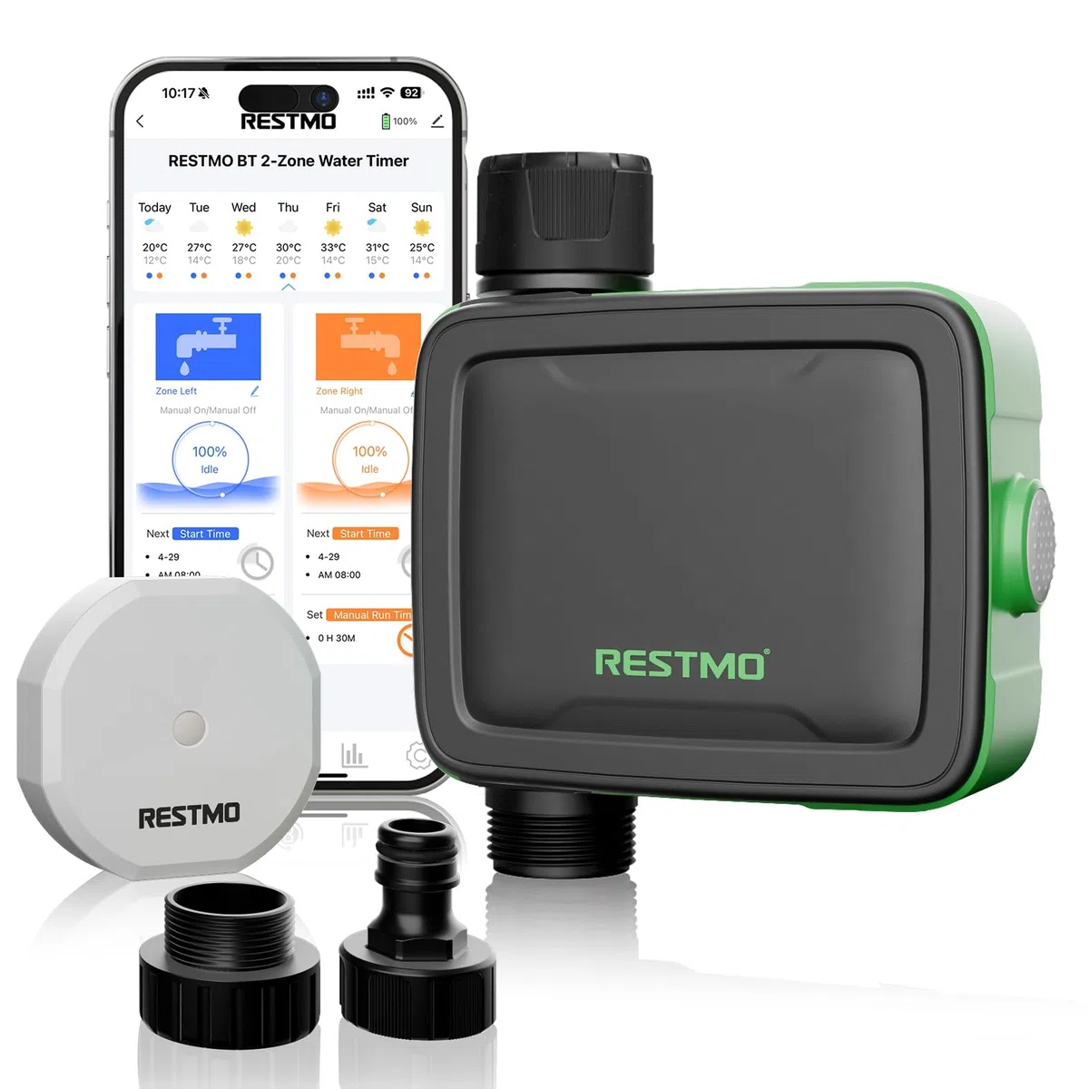 RESTMO Computer di irrigazione a 1 zona Wi-Fi + hub RF con flussometro | Orologio di irrigazione Automatico da Giardino, Controllo di Irrigazione, Sistema di Irrigazione per Giardino e Prato