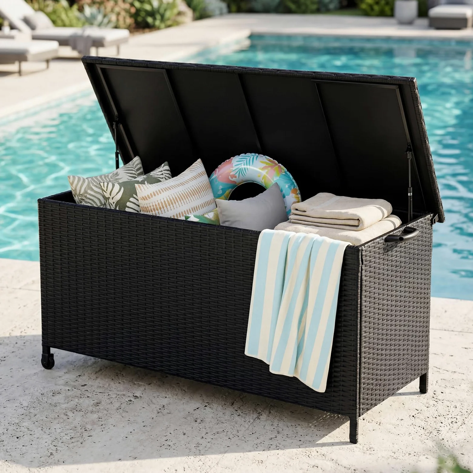 Grand patio Contenitore Box 480 L in Resina, Baule da Giardino con Rotelle Coperchio, Cassapanca Per Esterni, Facile Montaggio, Polyrattan Box Esterno da Giardino Esterno (Nero)