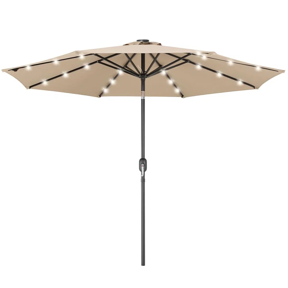 BAKAJI Ombrellone da Giardino Diametro 270 cm con Luci Led e Sistema Antivento, Parasole da Esterno con 8 Ribs Stecche, Airvent, Ideale per Bar, Ristorante, Patio, Balcone, Apertura Manovella