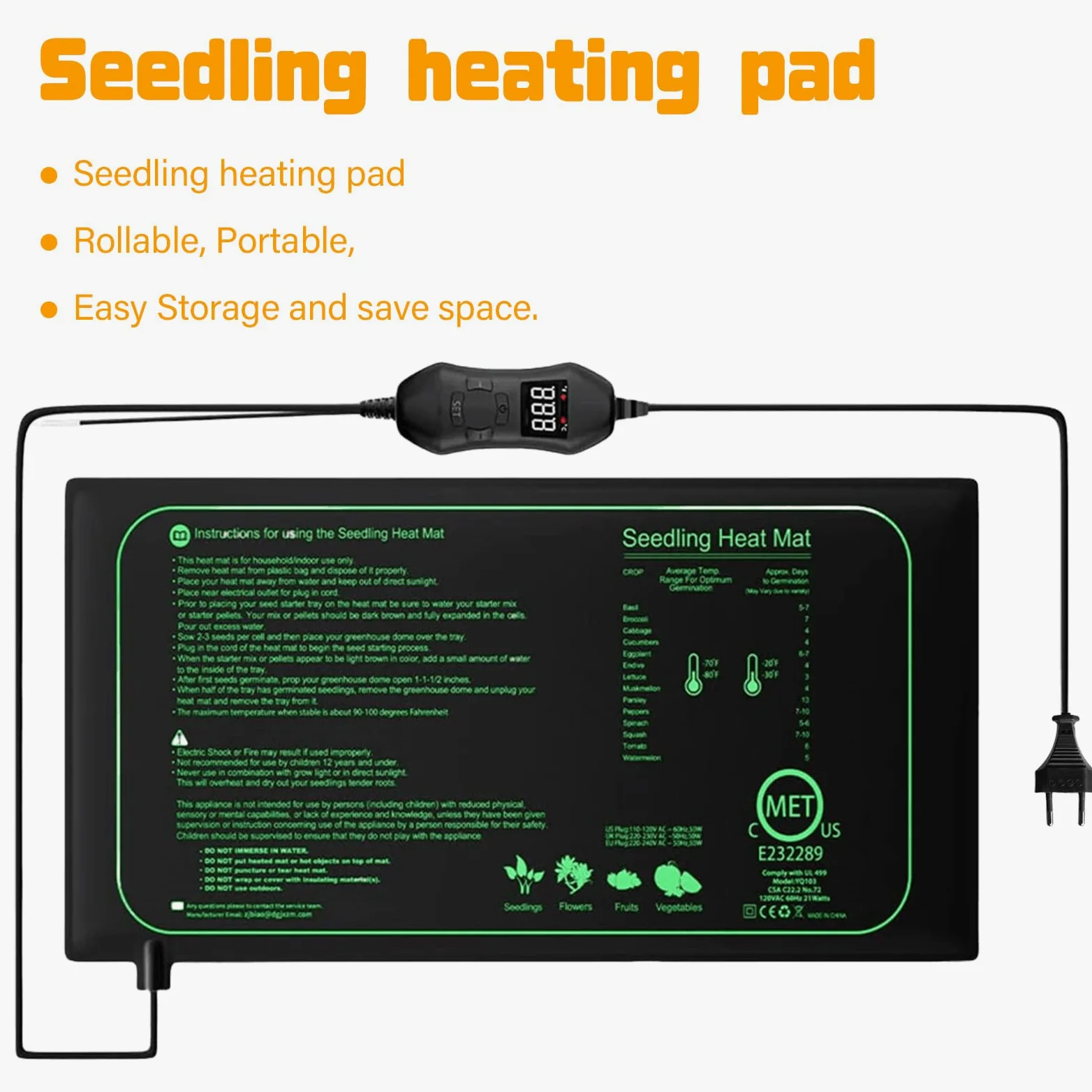 GOMETY Tappetino riscaldante per piante con termostato da 50 W, 52,5 x 25 cm, per piantine, rettili, animali domestici, IPX4, impermeabile, regolazione della temperatura per germinazione e serra da