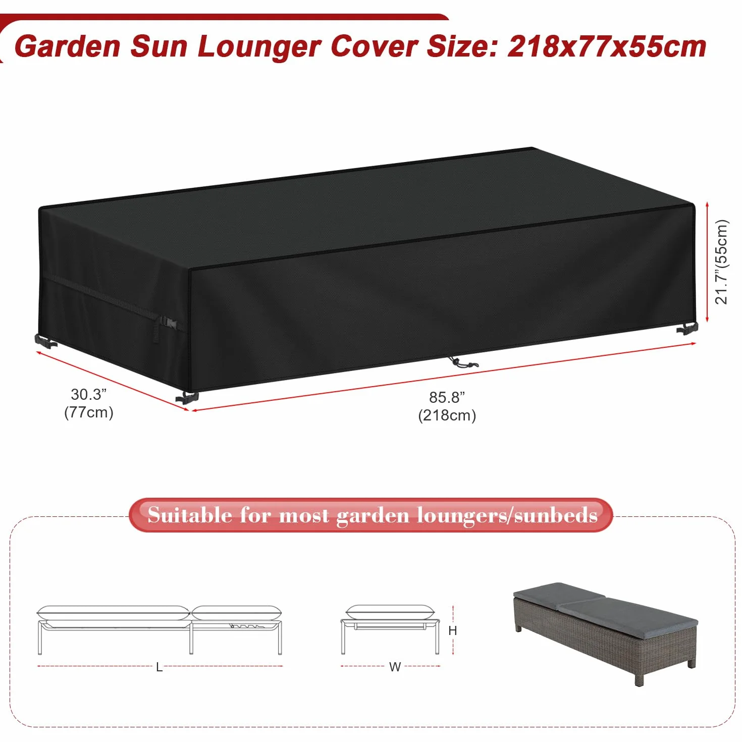 LAMUNI Copertura Sdraio da Esterno Telo Copri Lettino da Giardino, 420D Oxford Coperture per Lettini Prendisole da Giardino, Antivento, Anti-UV Copertura Impermeabile per Sdraio, 218x77x55cm