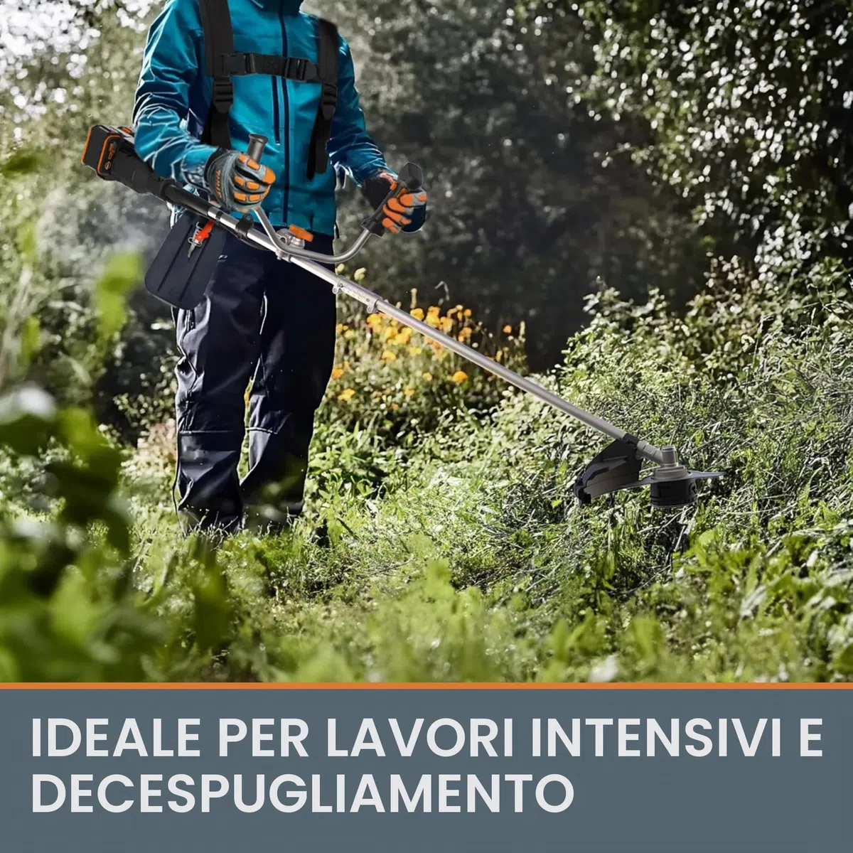 WORX WG084E.9 Decespugliatore a batteria, senza batteria e caricabatt. | Diametro di taglio 38 cm con filo e 25,5 cm con lama, impugnatura a due mani, doppio filo, design leggero e compatto