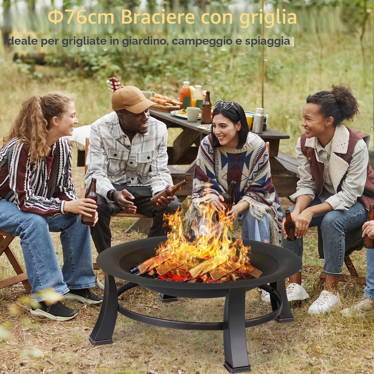Bracieri da Giardino, Ø 76 cm Braciere con Griglia, Braciere con Parascintille y Copertura Impermeabile 600D, Braciere da Esterno, Braciere Barbecue, Grande Bracere Multifunzionale, Fire Pit, Nero