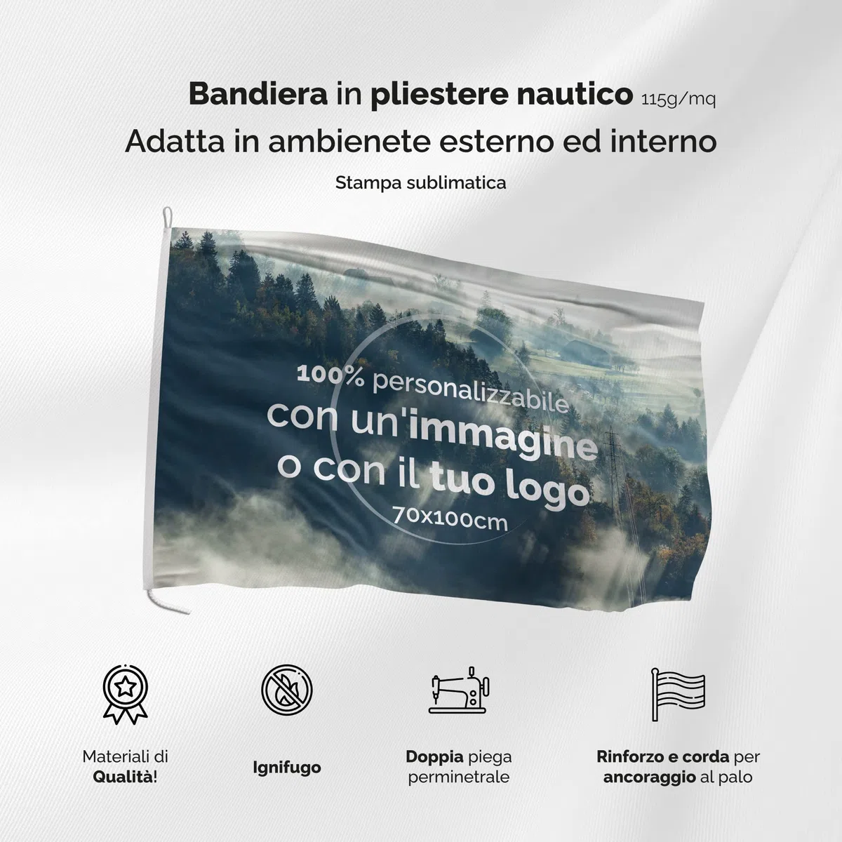 AL PRODUCTION Bandiera Personalizzata in Tessuto Nautico Ignifugo 115 gr/mq 70x100 cm - Stampa Sublimatica con Logo Immagine o Testo Personalizzabile - Made in Italy