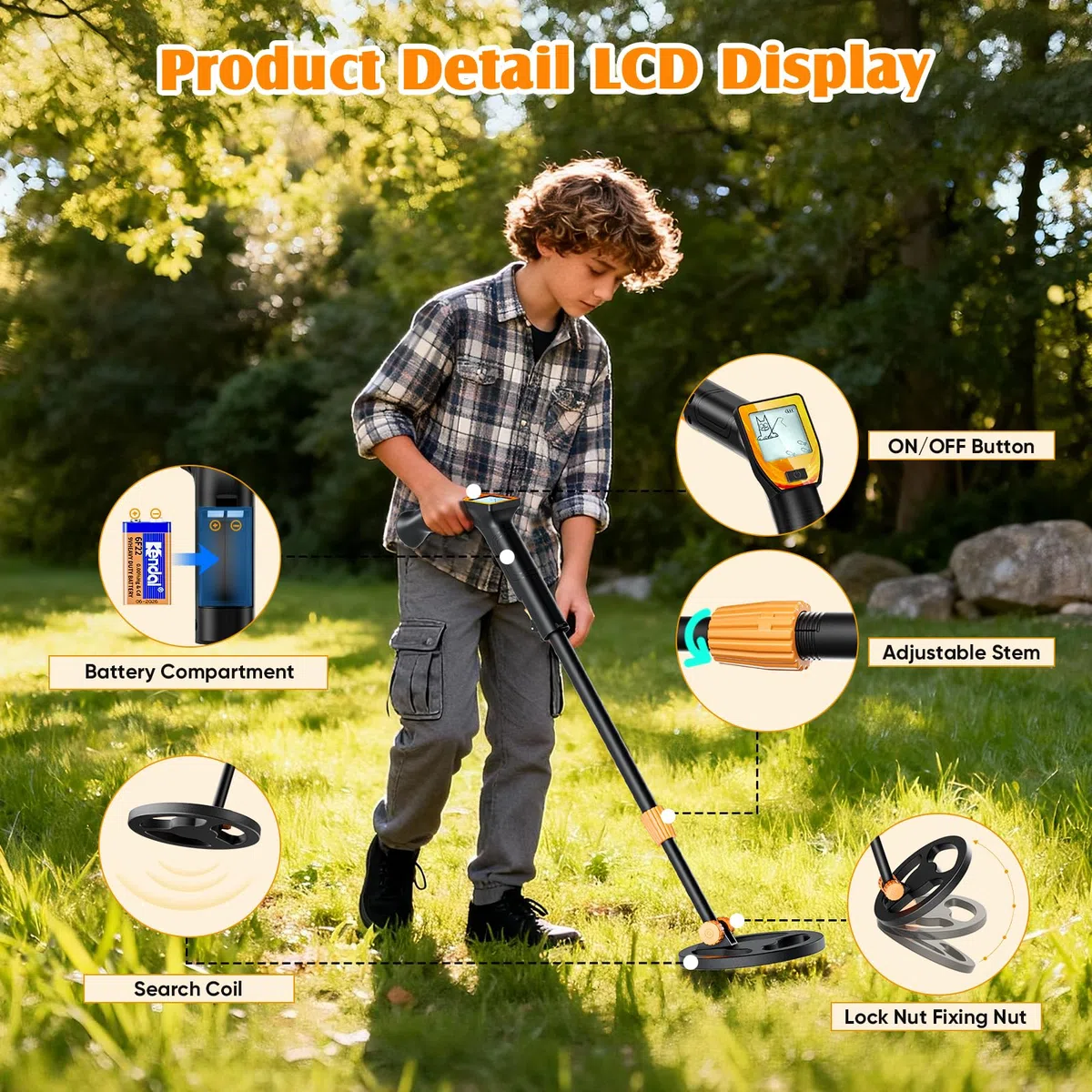 Metal Detector Bambini, Metal Detector per Bambino Leggero con Asta Regolabile 66-83 cm, Display LCD e Bobina di Ricerca Impermeabile, Pala, Rastrello, Setaccio e Borsa, Arancione