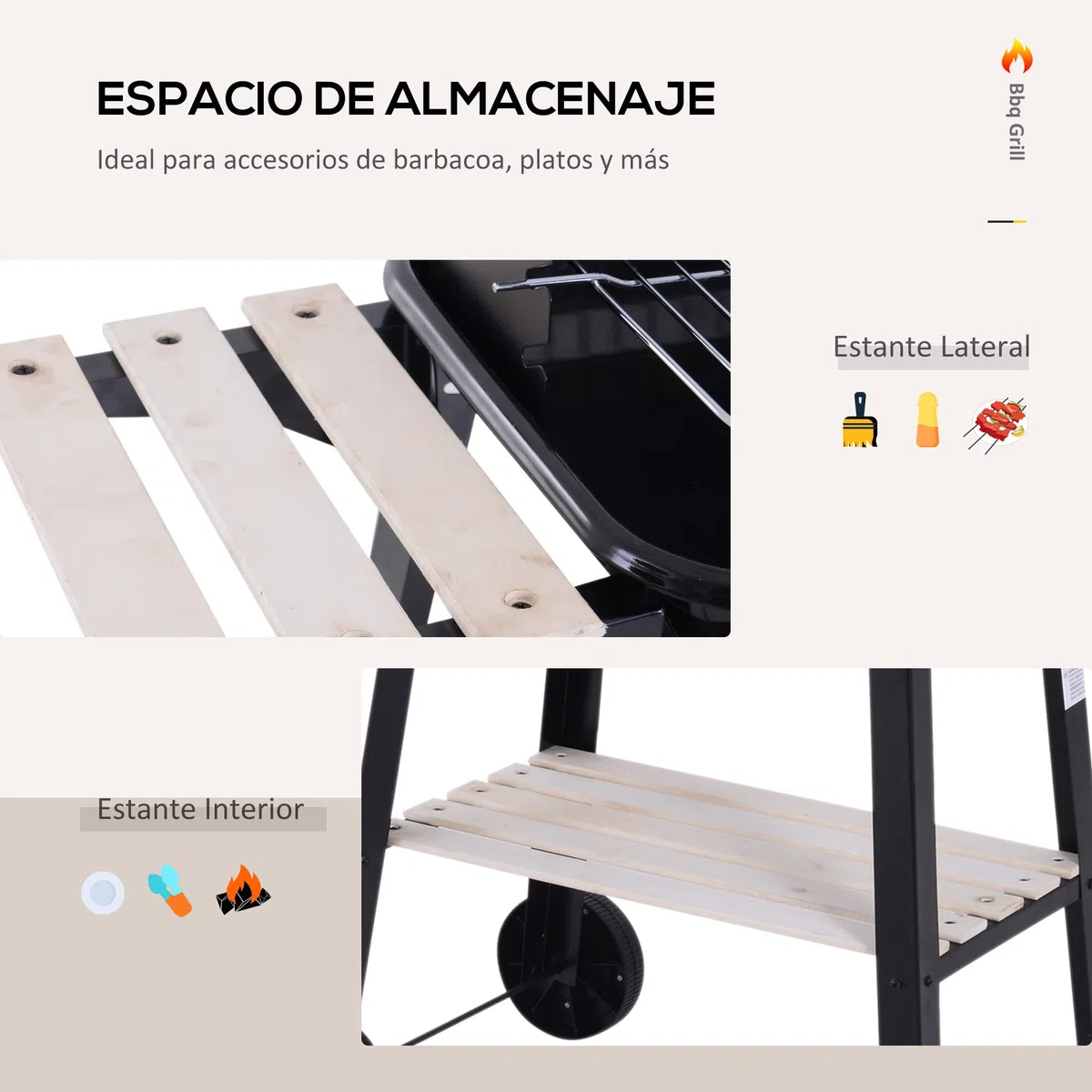 Outsunny Griglia a Carbone Barbecue BBQ Carrello Grill per Picnic con Ruote da Balcone Giardino in Ferro e Legno 83 × 37 × 87 cm Nero
