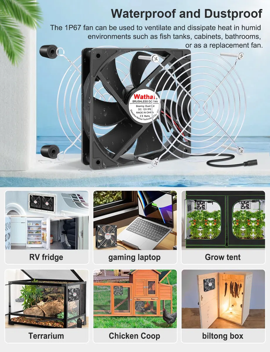 Wathai Ventilatore piccolo da 120 mm x 25 mm, IP67, 12 V, con spina AC, regolatore di velocità 220 V, 230 V, 240 V, per scatola Biltong, tenda da terra, terrario, acquario, serra