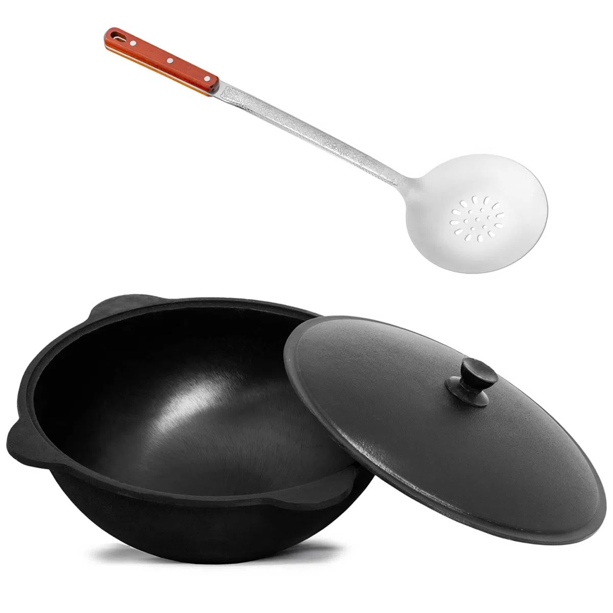 Wok ghisa 8 L (fondo rotondo) Kazan con schiumarola NAMANGAN Uzbek Kazan Uzbeko Asia WOK Cast Iron KESSEL Camping Uzbek Pentola con coperchio in alluminio Grillwok Pentola wok