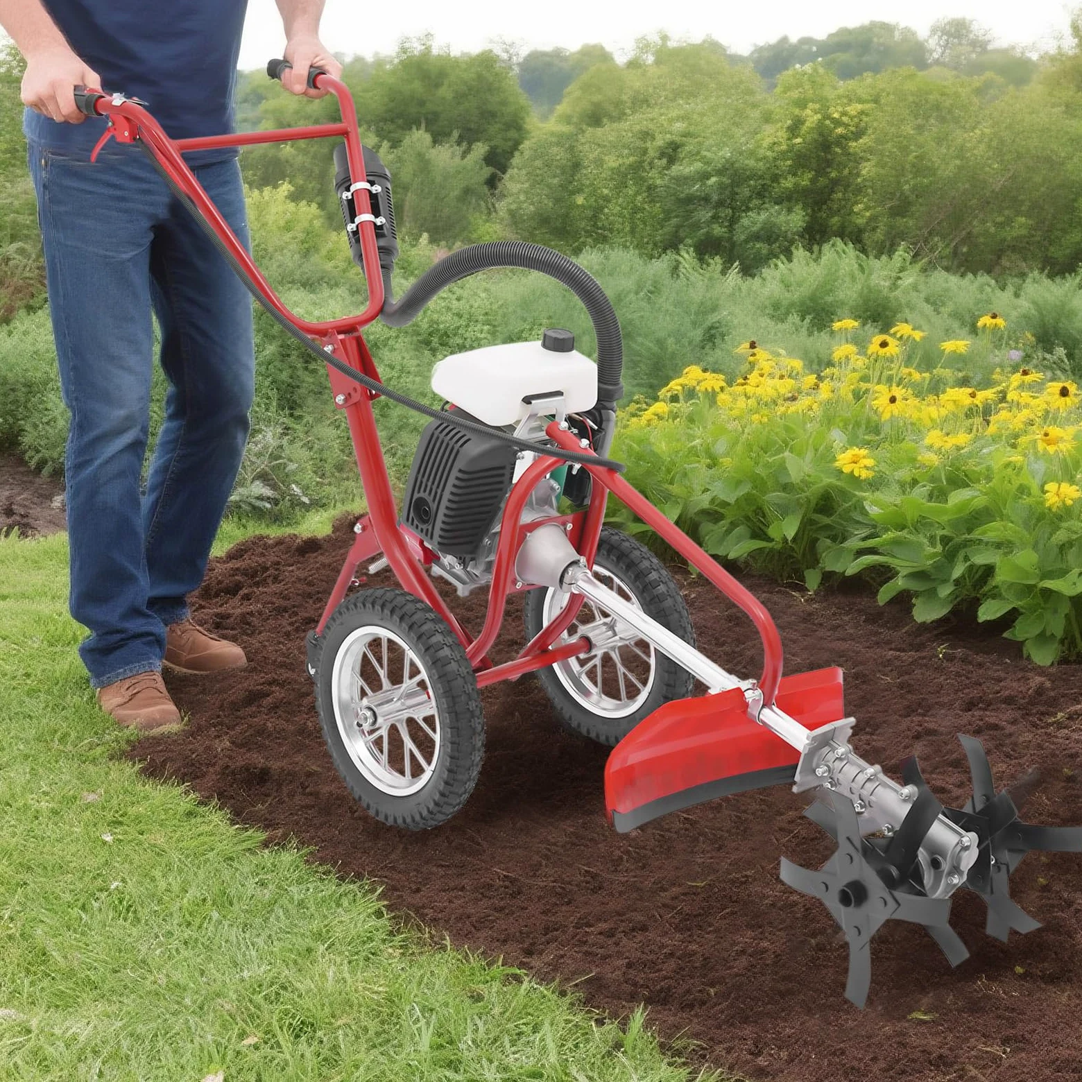 Motozappa a benzina, mini fresa da giardino a benzina, 63 cm³, micro motozappa con motore a benzina a 4 tempi, microcoltivatore compatto – con profondità di 10 cm per parchi, giardini