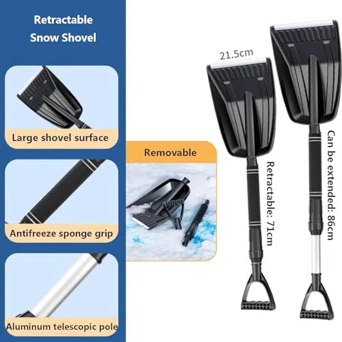 Pala da neve resistente, leggera, di grande capacità, con manico ergonomico in schiuma antiscivolo, set portatile di emergenza per auto e campeggio