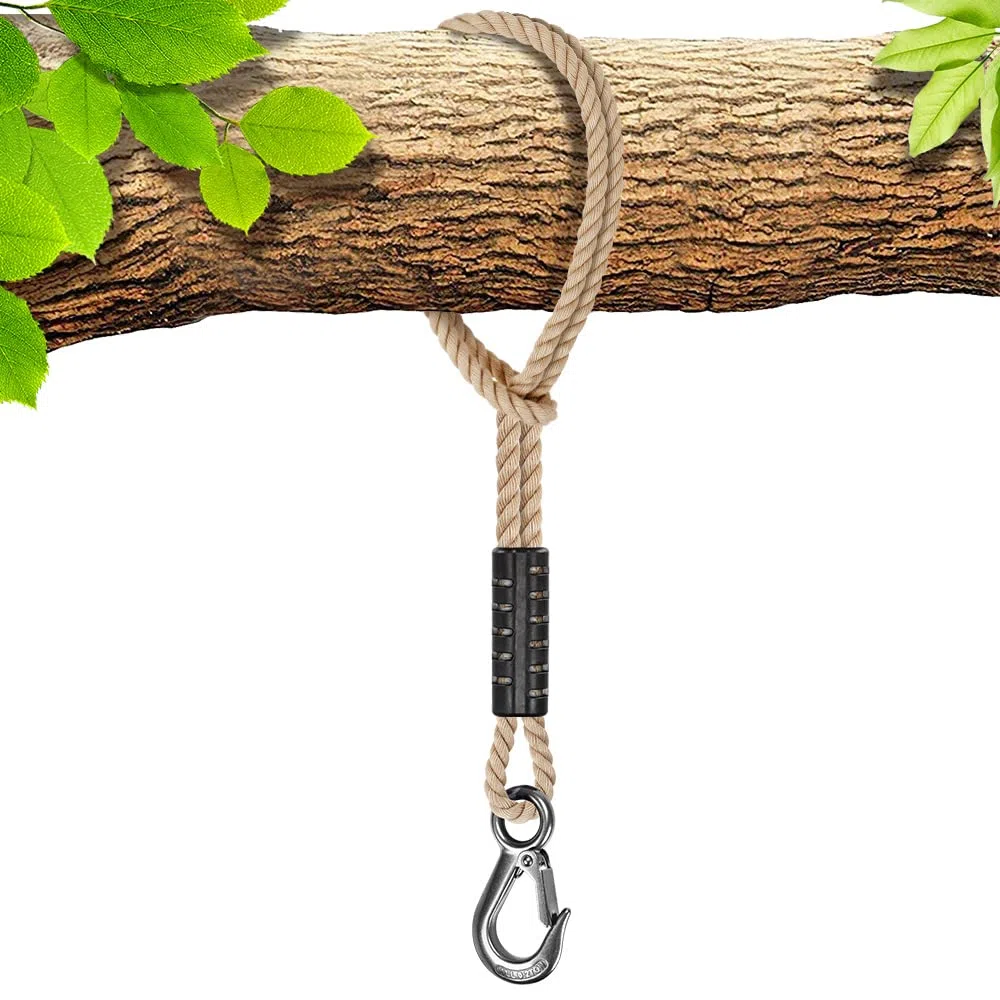 BeneLabel Corda per altalena per albero con gancio, 1,5 m, cinghie in poliestere (181,4 kg) per sedie sospese all'aperto, set di accessori, fino a 1134 kg, diametro 10 mm, naturale