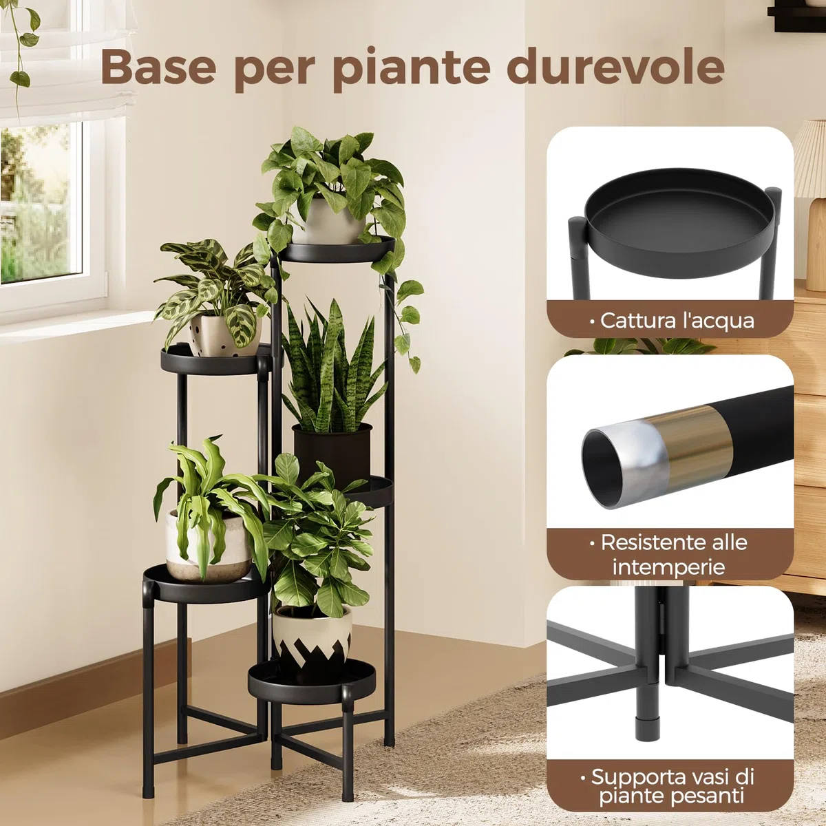 Bamworld Porta piante da interno in metallo a 5 livelli, supporto stabile per piante da interno ed esterno, design moderno per soggiorno, balcone e giardino