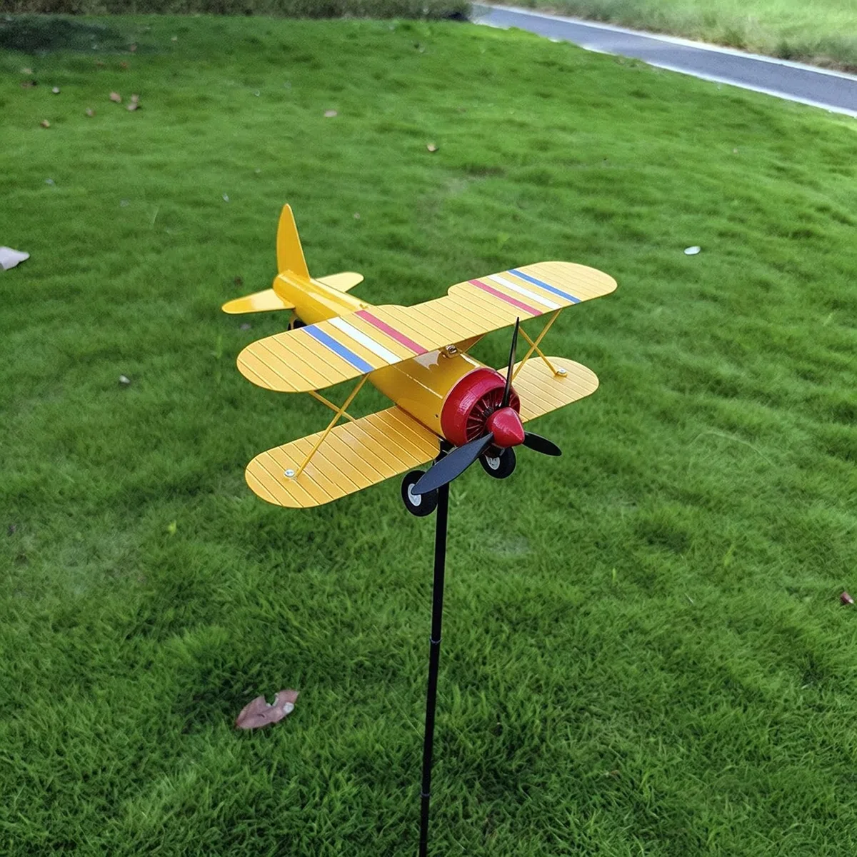 Airplane Garden Windmill - Elevates Outdoor Rural Landscaping Esthetics, Aerodynamic Metal Plane Weathervane Spinner, 28x21x13cm Fuselage Size Dimensions + 83cm Heavy Stake Pole, Rust Proof Co