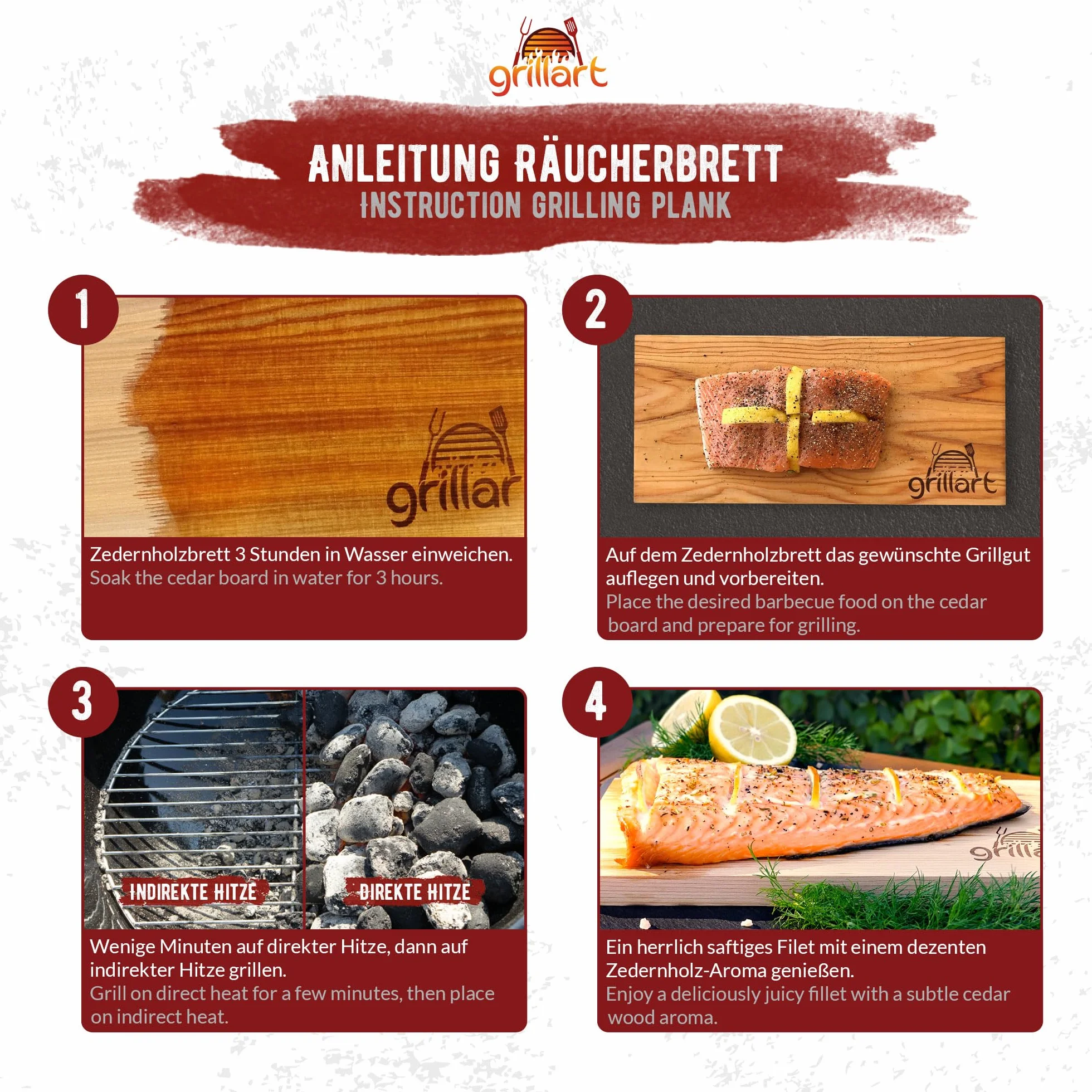 grillart Set di 2 tavole XL da 2 cm di spessore, in legno di cedro per grigliare, in legno di cedro rosso occidentale naturale al 100%, per un gusto speciale alla griglia