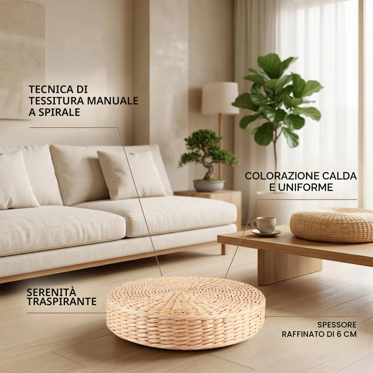 Cuscino Rotondo in Paglia per Giardino, Pouf Tatami Giapponese Spesso per Meditazione, Zen, Yoga (30cm x 5cm)