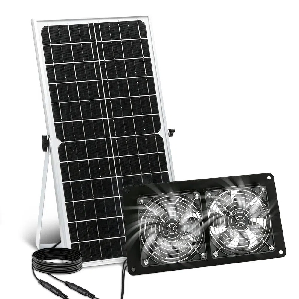 Ventilatore solare da 16 W, con due pannelli solari IP67, impermeabile, doppia ventola DC per pollaio, serre, capanni, cucce per animali domestici, aria di ingresso o scarico (metallo)