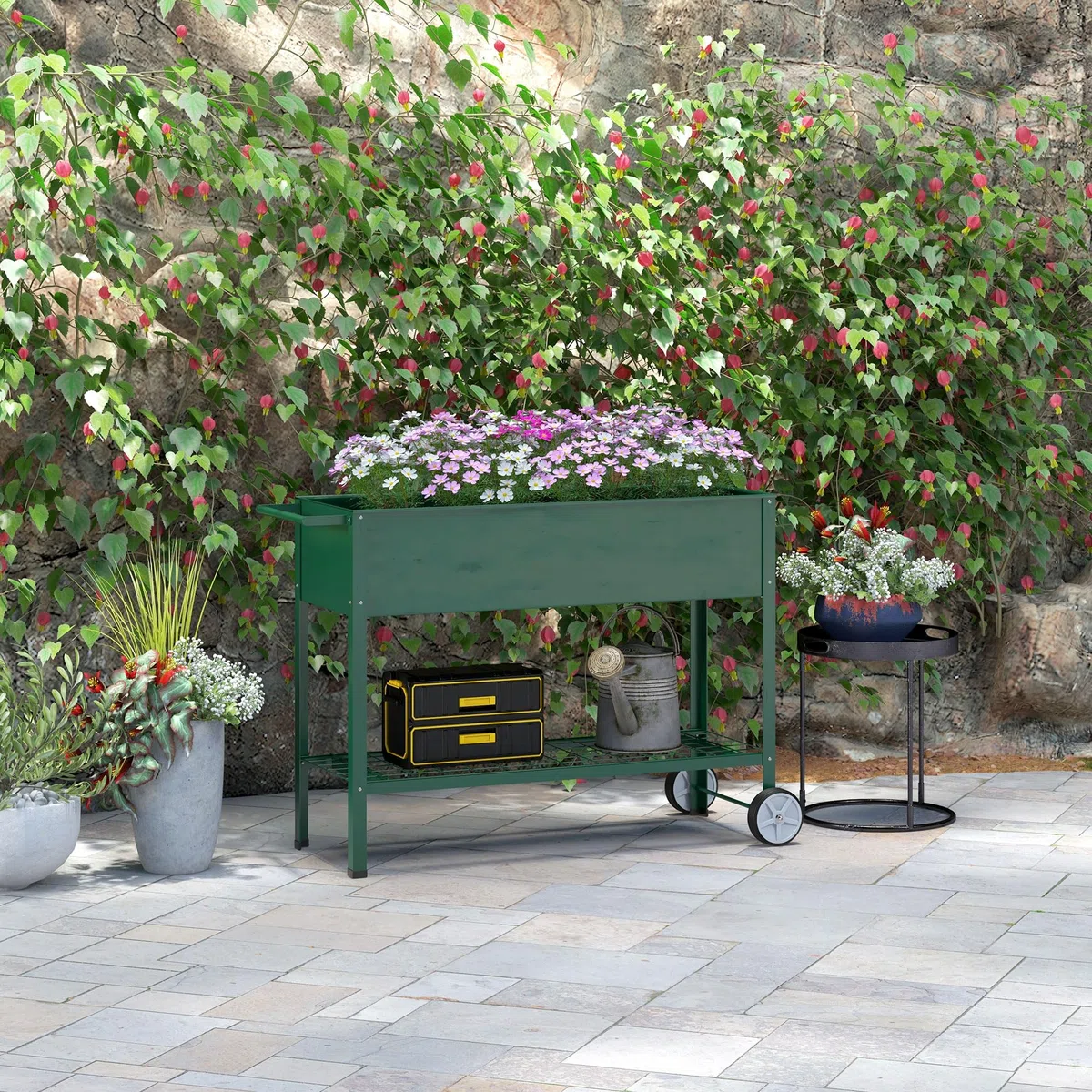 Outsunny Fioriera da Esterno con Mensola Inferiore Portautensili, Letto Rialzato da Giardino in Metallo con 2 Ruote e Maniglia, Letto per Orto, 104x39x80 cm, Verde