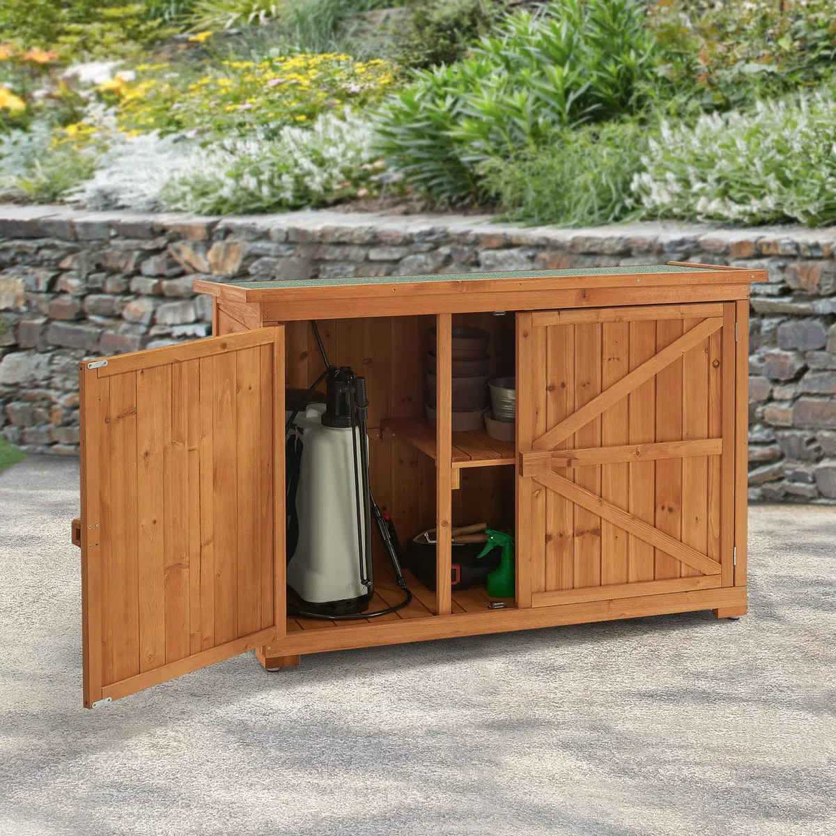 [en.casa] Armadio da Giardino (AxLAxP) 88 x 128 x 50 cm Mobile da Esterno per Immagazzinaggio con 2 Ante - Struttura in Legno - Tettuccio Antipioggia