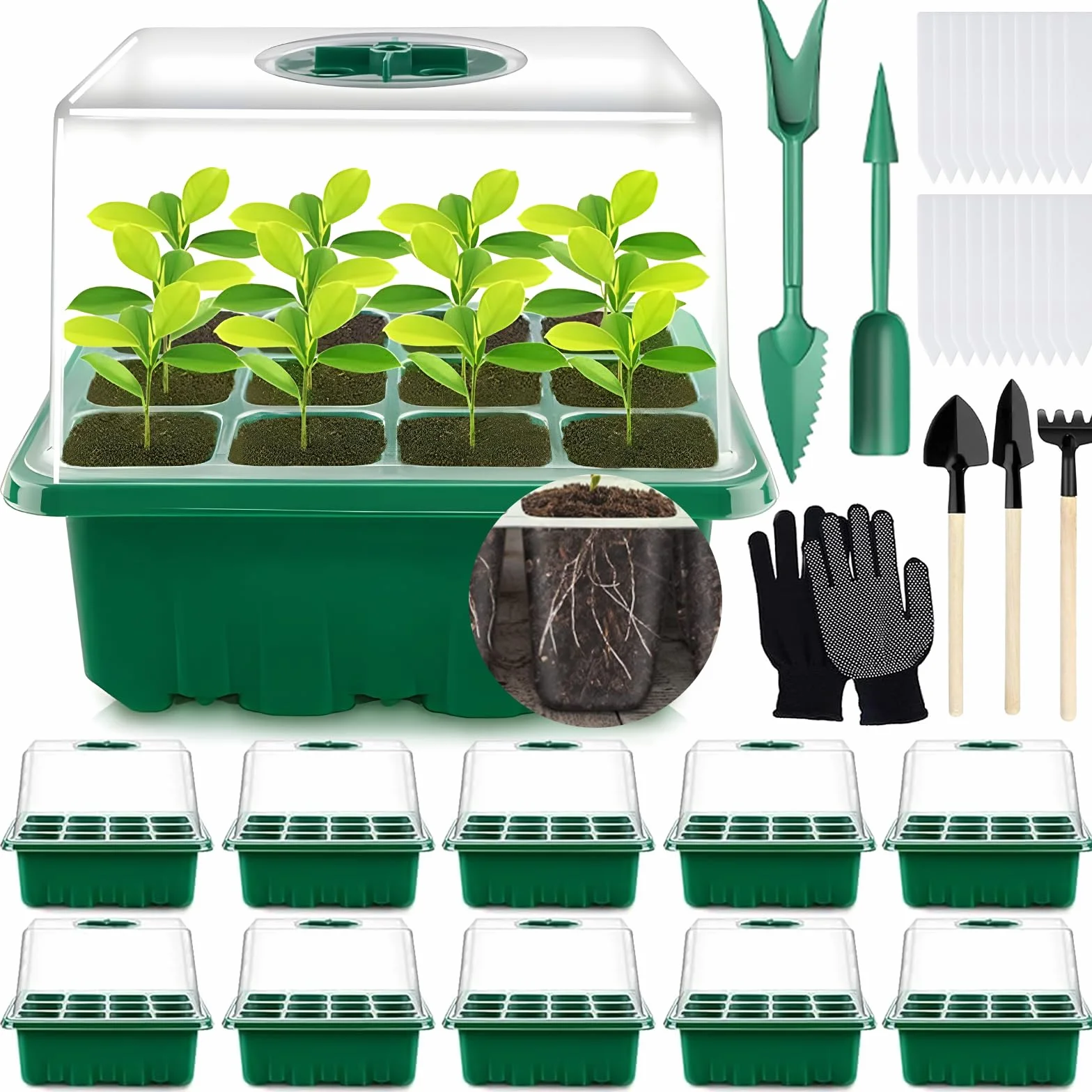 MOYKSRR Vassoi per semi, Vassoi Semina, 10 Pack 120 Celle Propagator Growing Addensano i Vassoi, Vassoi per Piante con Cupole Ventilate, per Germinazione, Strumento di Coltivazione in Mini Serra